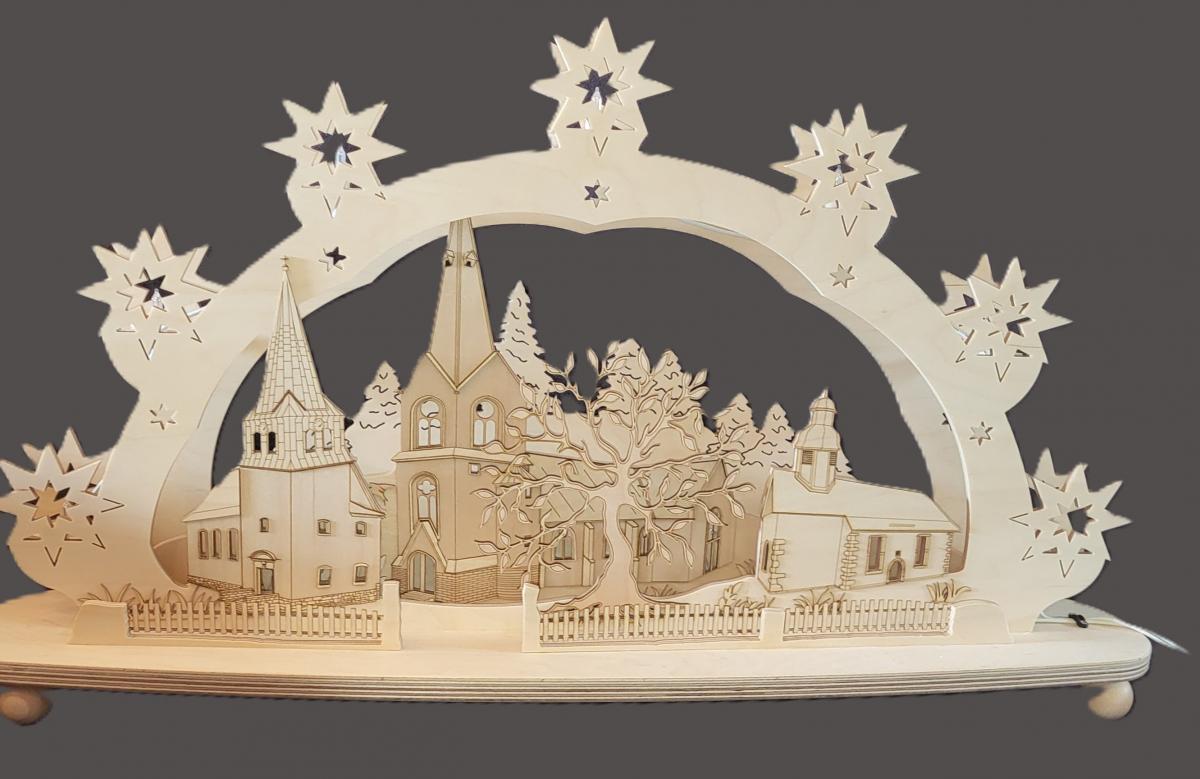 Schwibbogen "Kibitzgrund" Bogen mit 3 Kirchen.